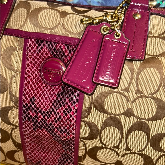 Coach Tan Signature Monogram Canvas with Maroon Snakeskin Leather Accent Handbag - Picture 2 of 14